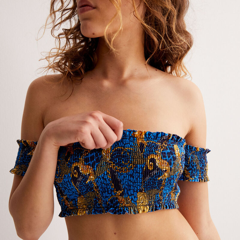 haut de maillot froncé porté épaule à motif coquillages - bleu haut de maillot froncé porté épaule à motif coquillages - bleu;