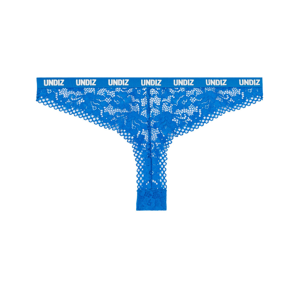 Tanga en dentelle et résille à détail élastique - bleu bleu.