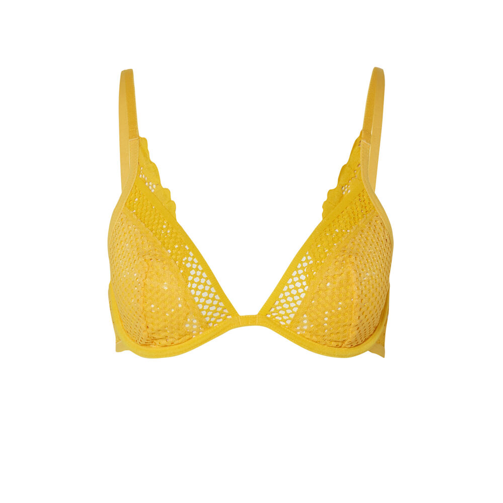 Soutien-gorge corbeille en dentelle fleurs et résille - jaune jaune.