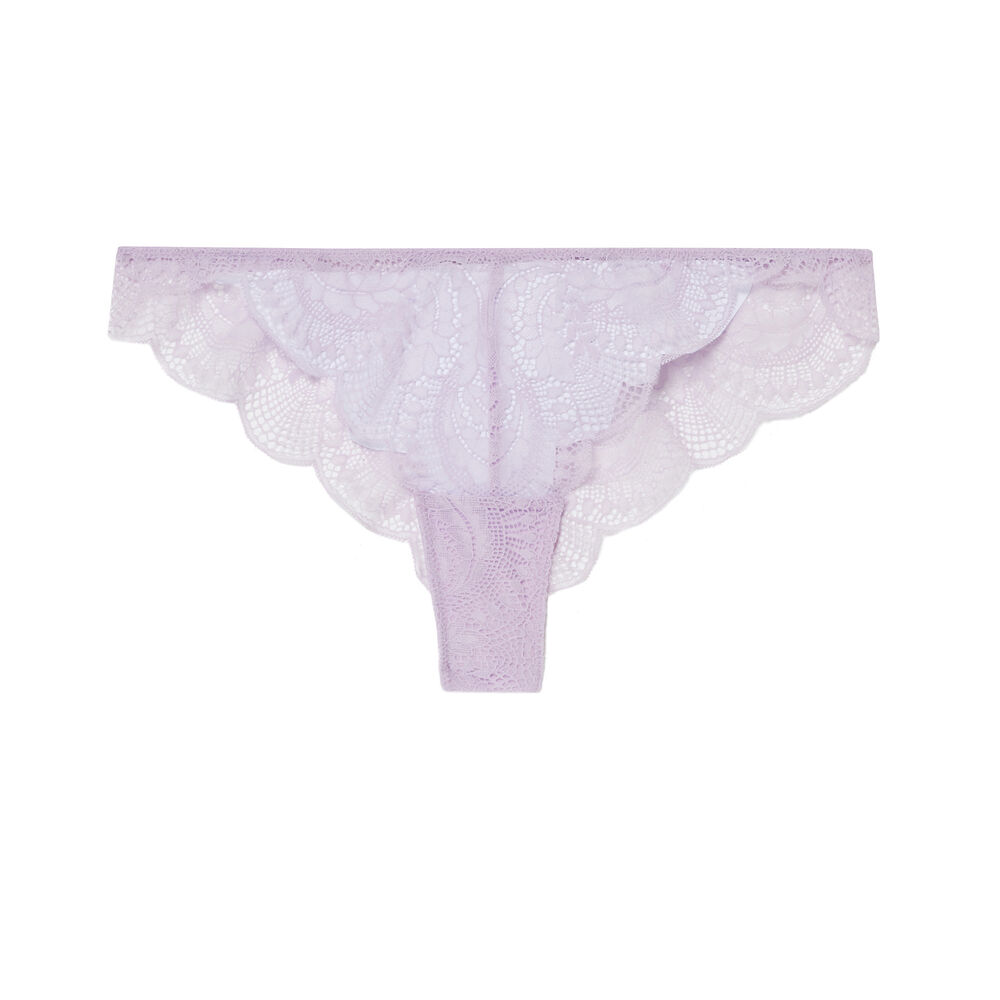 Tanga en dentelle et liens satinés - lilas violet.