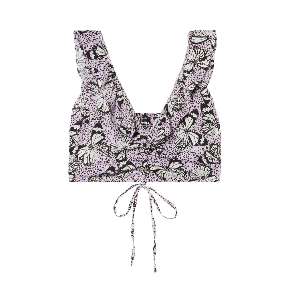 Crop top noué à épaules volants et motifs papillons- lilas violet.