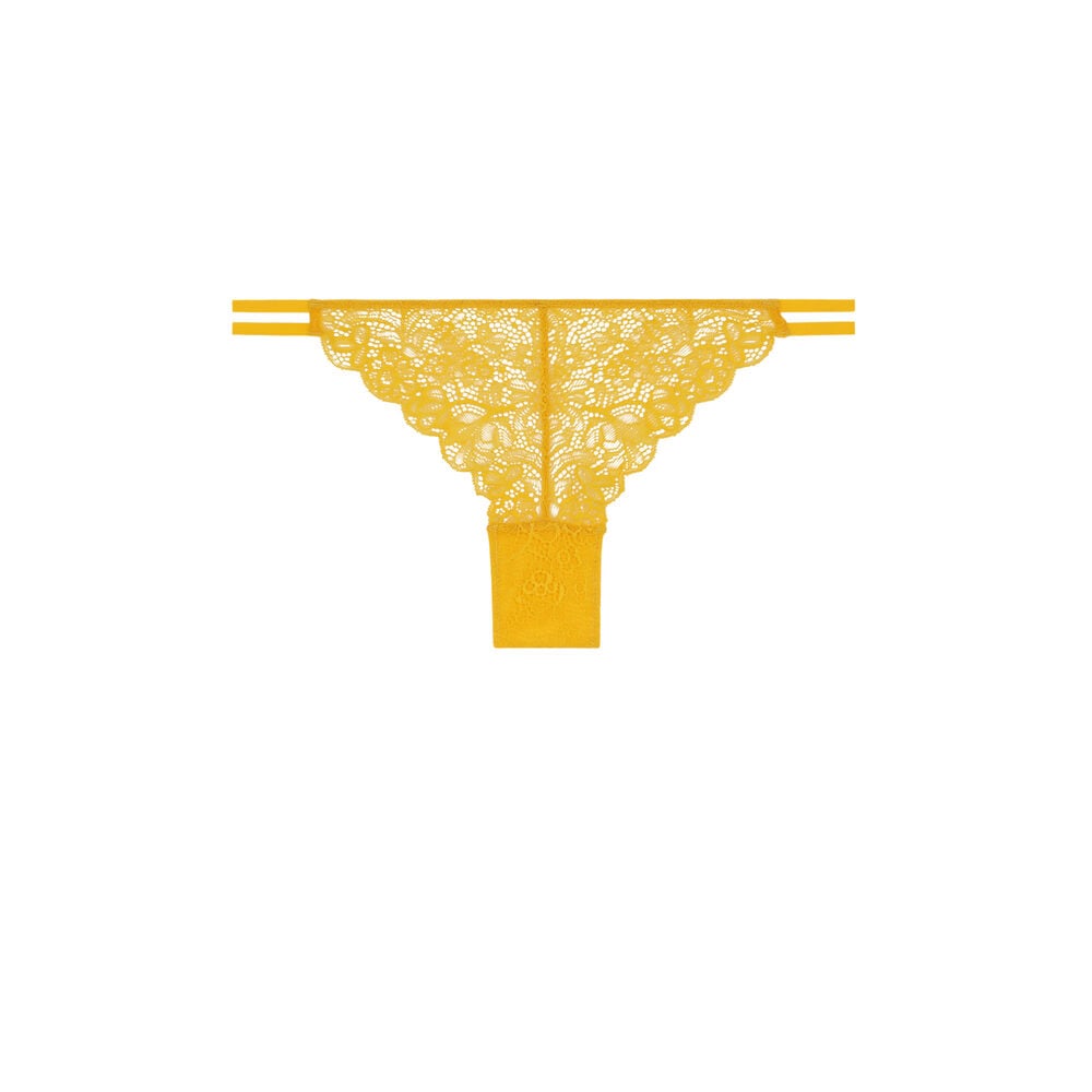 Tanga en dentelle et liens - jaune jaune.