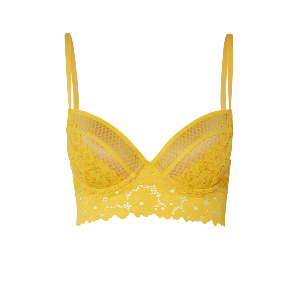 Soutien-gorge ampli en dentelle fleurs et résille - jaune jaune.