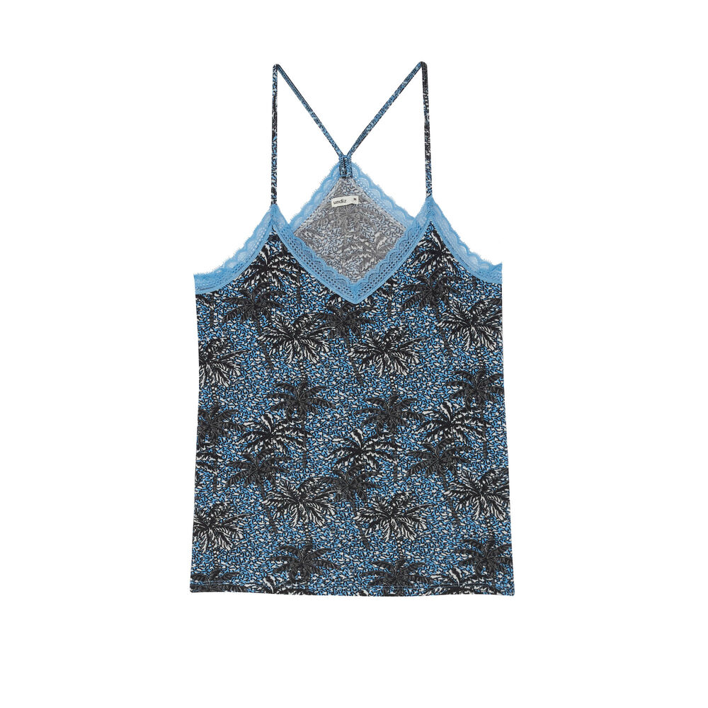 Top en jersey à fines bretelles et motifs palmier - bleu bleu.