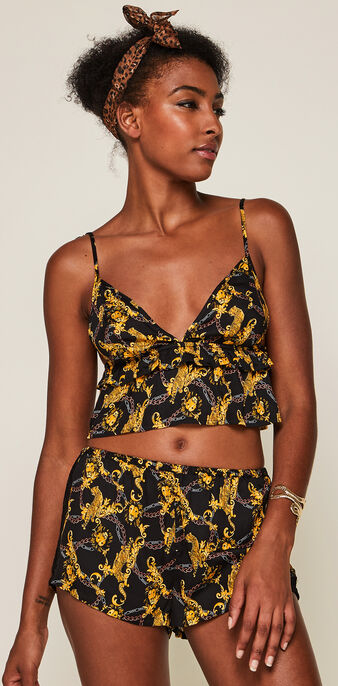 Top court en satin &agrave; nouer print jimaprintiz noir.