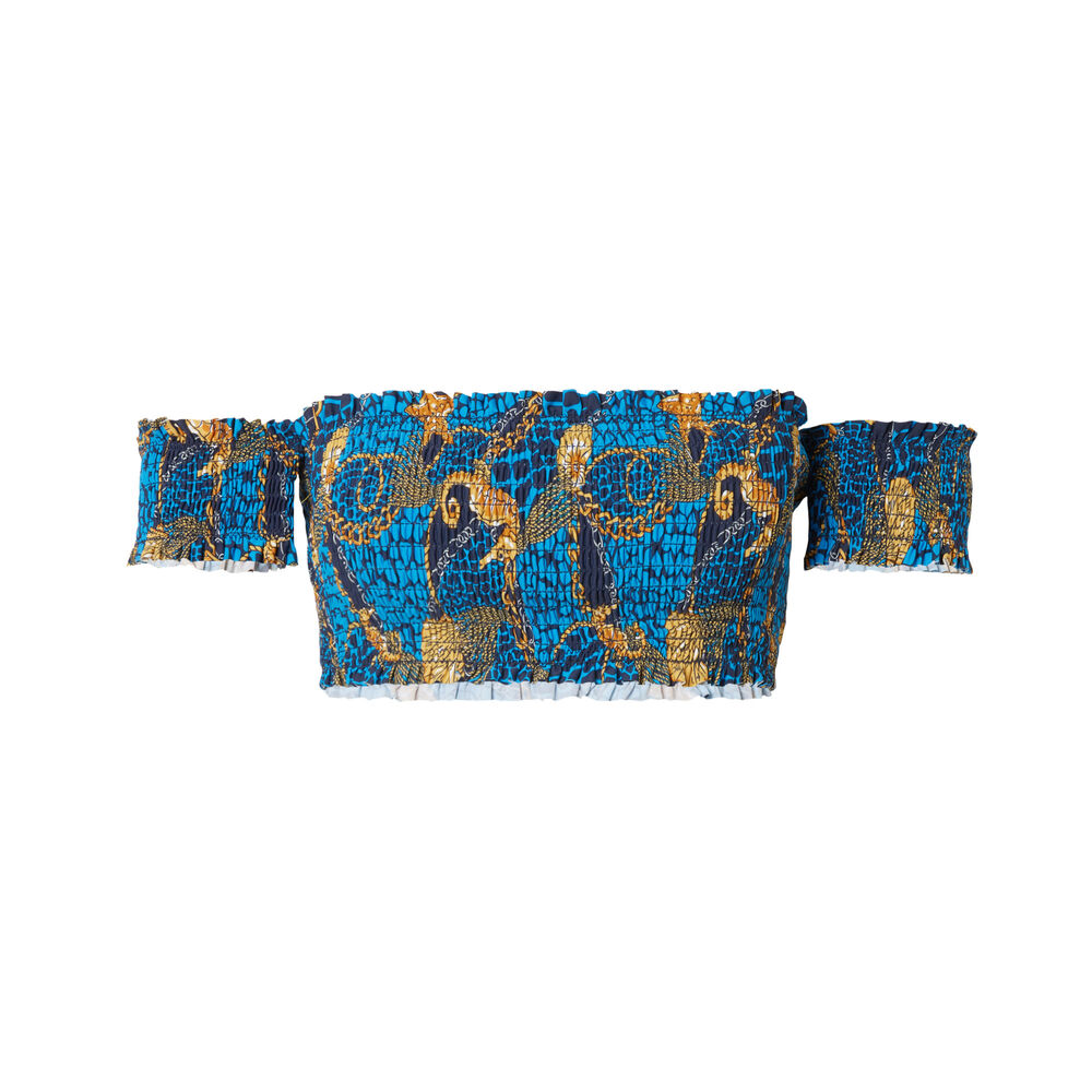 Haut de maillot froncé porté épaule à motif coquillages - bleu bleu.