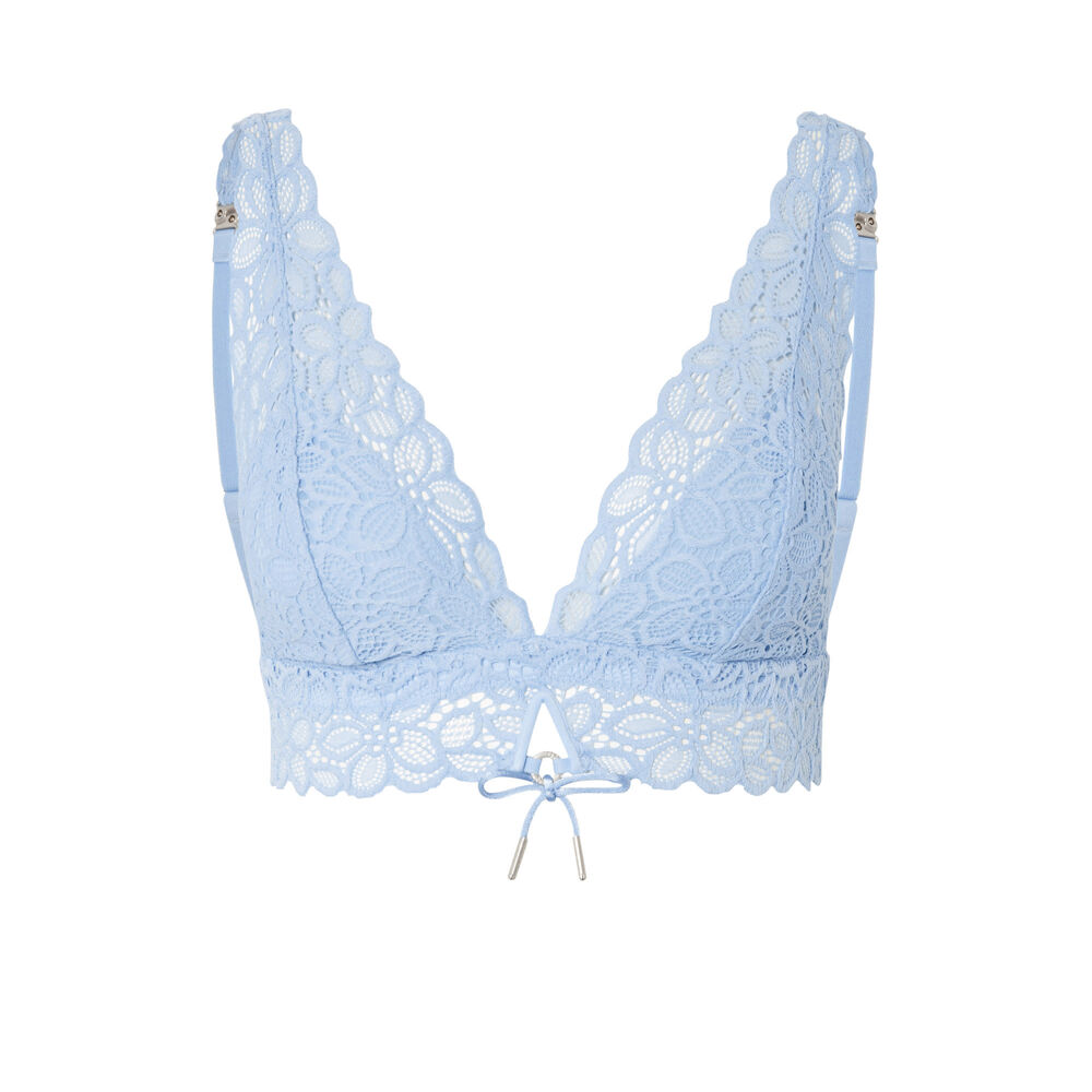 Soutien-gorge triangle en dentelle fleurie détail noeud - bleu bleu.