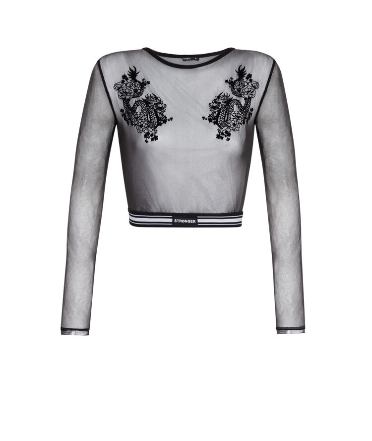 Top matière mesh détail broderie dragoniz noir.