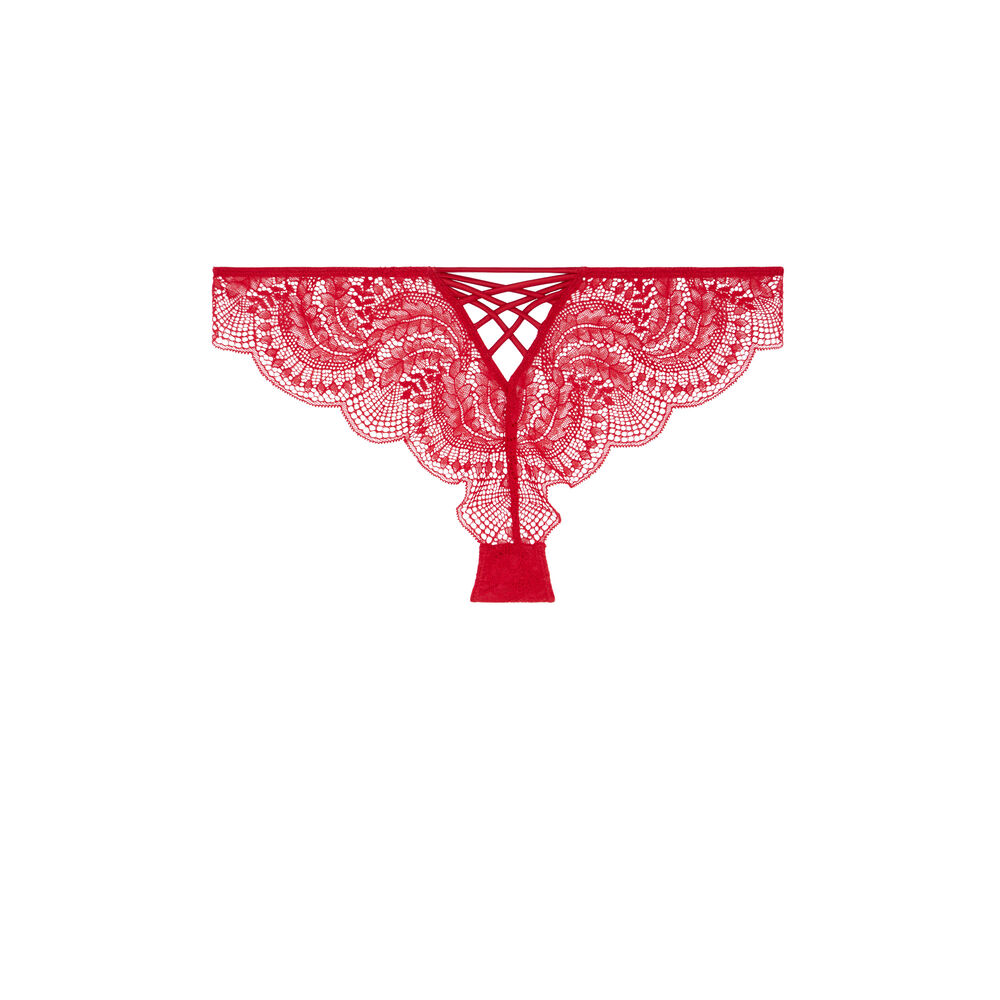 Tanga en dentelle et liens satinés - rouge rouge.