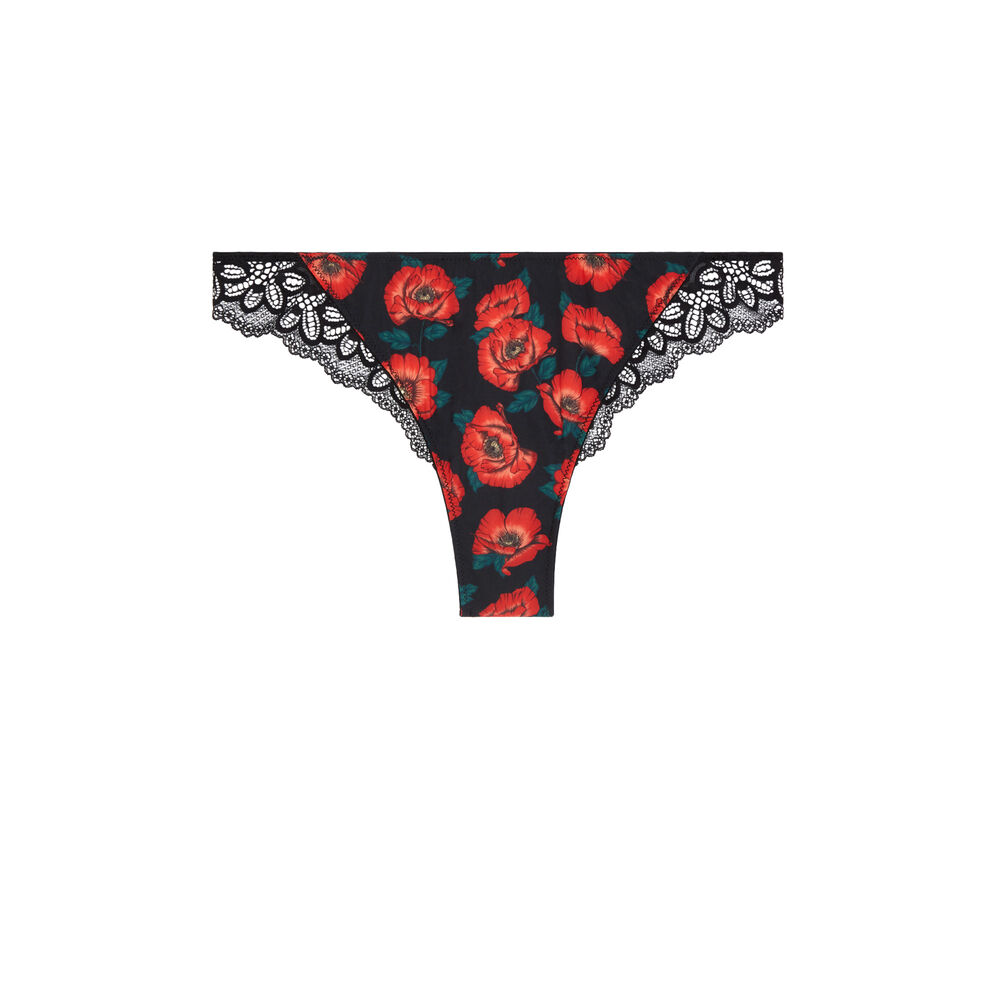 Tanga dentelle imprimé fleuri - noir noir.