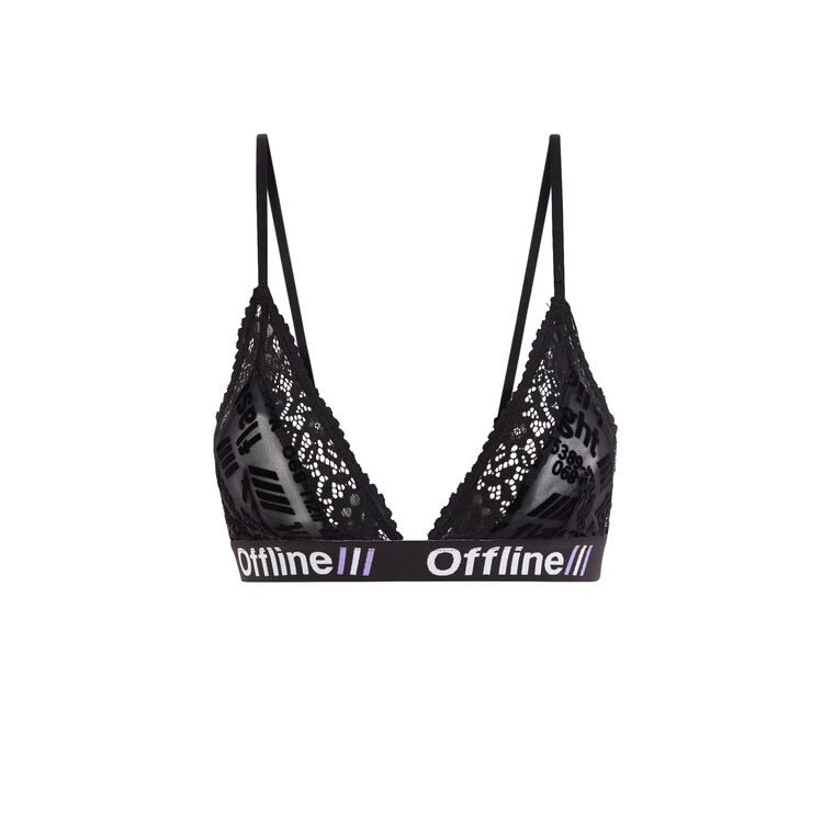 Soutien-gorge triangle sans armature tulle floqué pelliculiz noir.