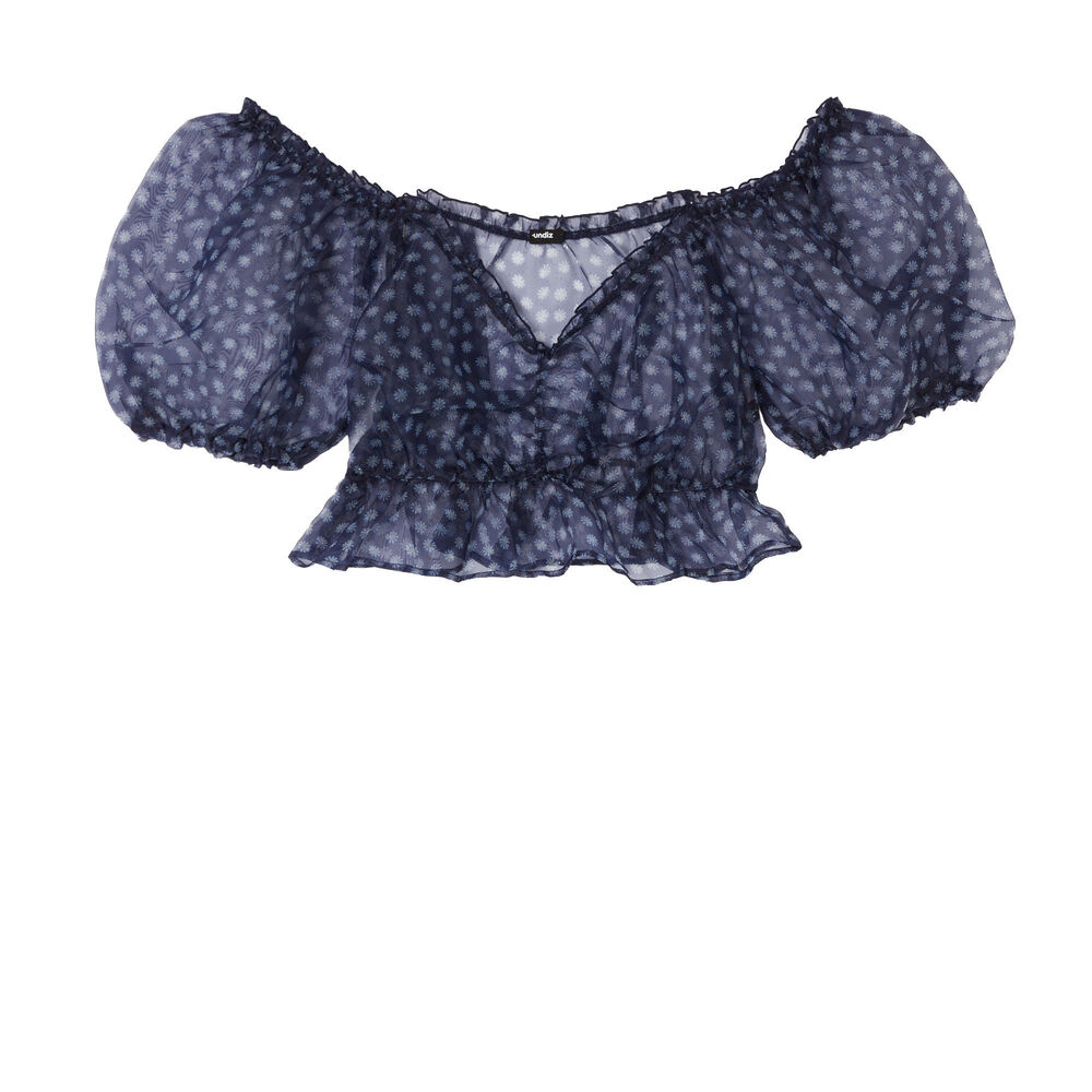 Top à manche bouffante motifs paquerettes - noir noir.