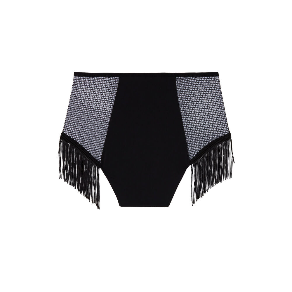 Culotte taille haute dentelle ajourée à franges - noir noir.