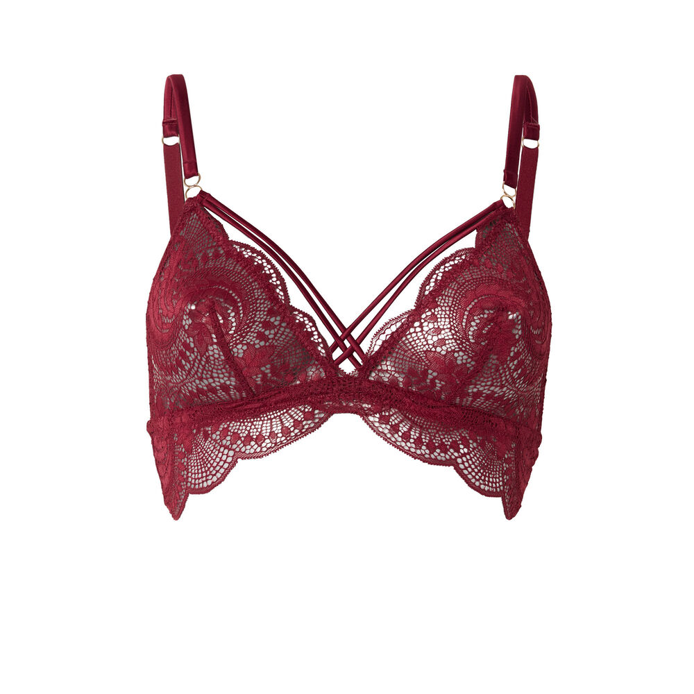 Soutien-gorge triangle en dentelle et liens satinés - bordeaux rouge.