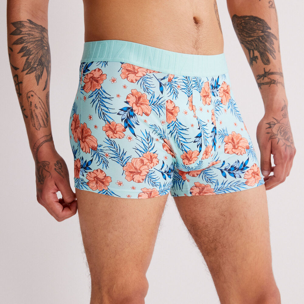 Boxer à imprimé tropical - turquoise bleu.