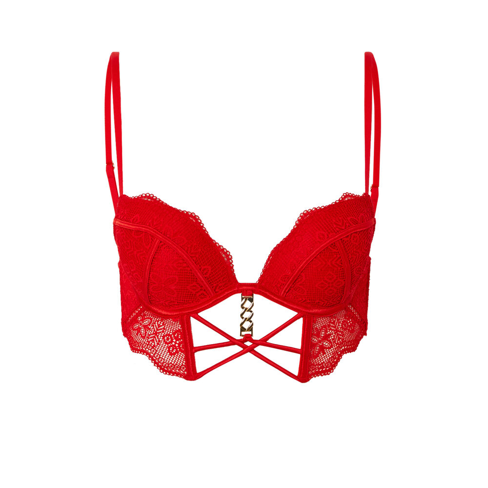 Soutien-gorge ampli bustier à détail chaine dorée - rouge rouge.