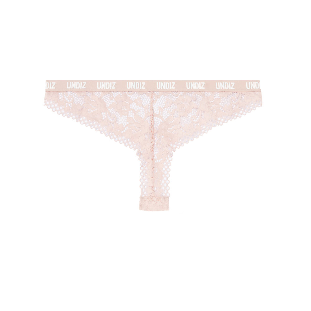Tanga en dentelle et résille à détail élastique - rose nude rose.