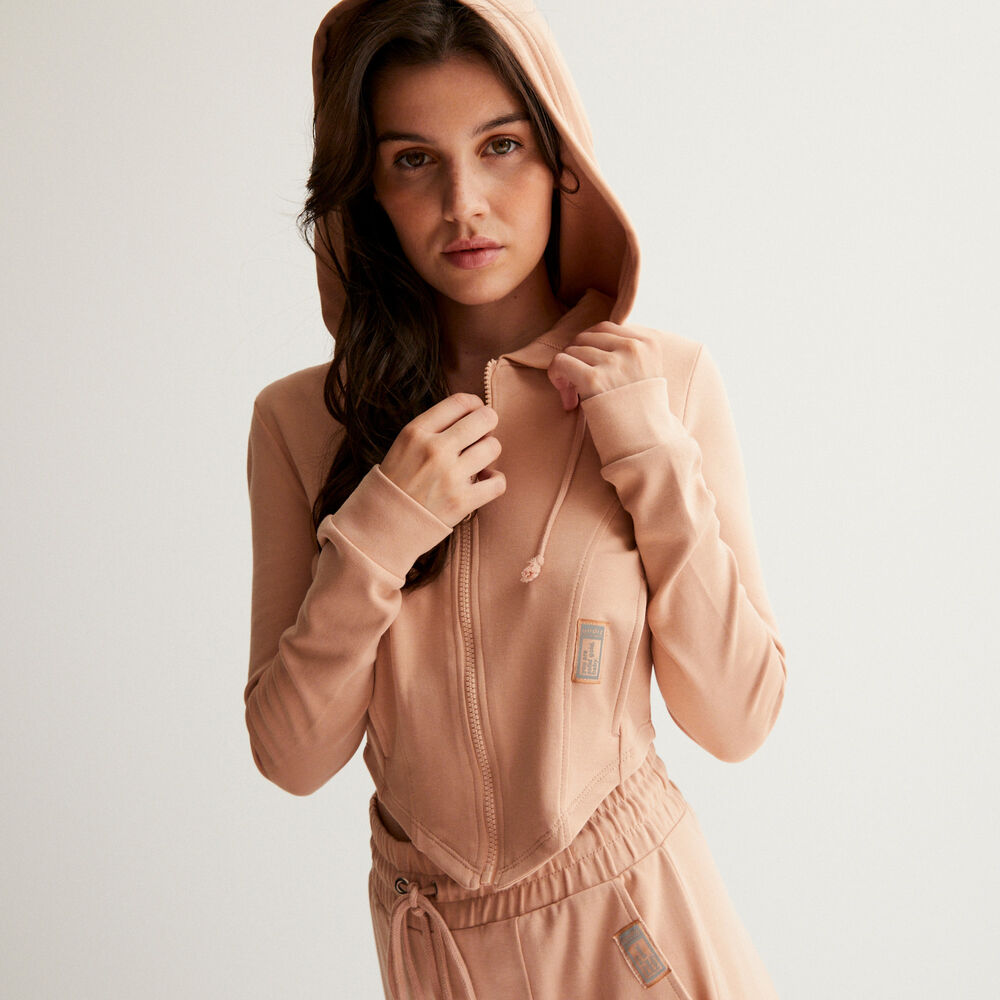 Veste crop effet corset échancré dos straight - nude beige.