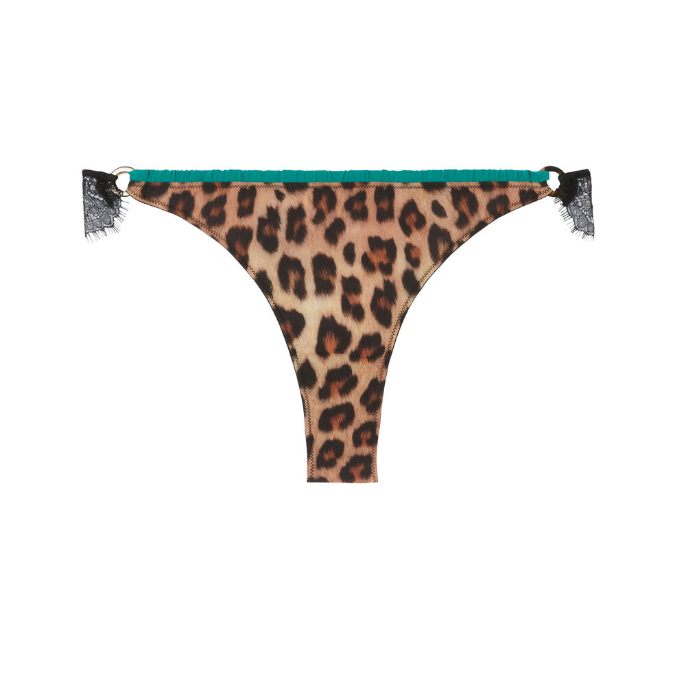 Tanga détail anneaux en micro et motifs léopard - noir noir.