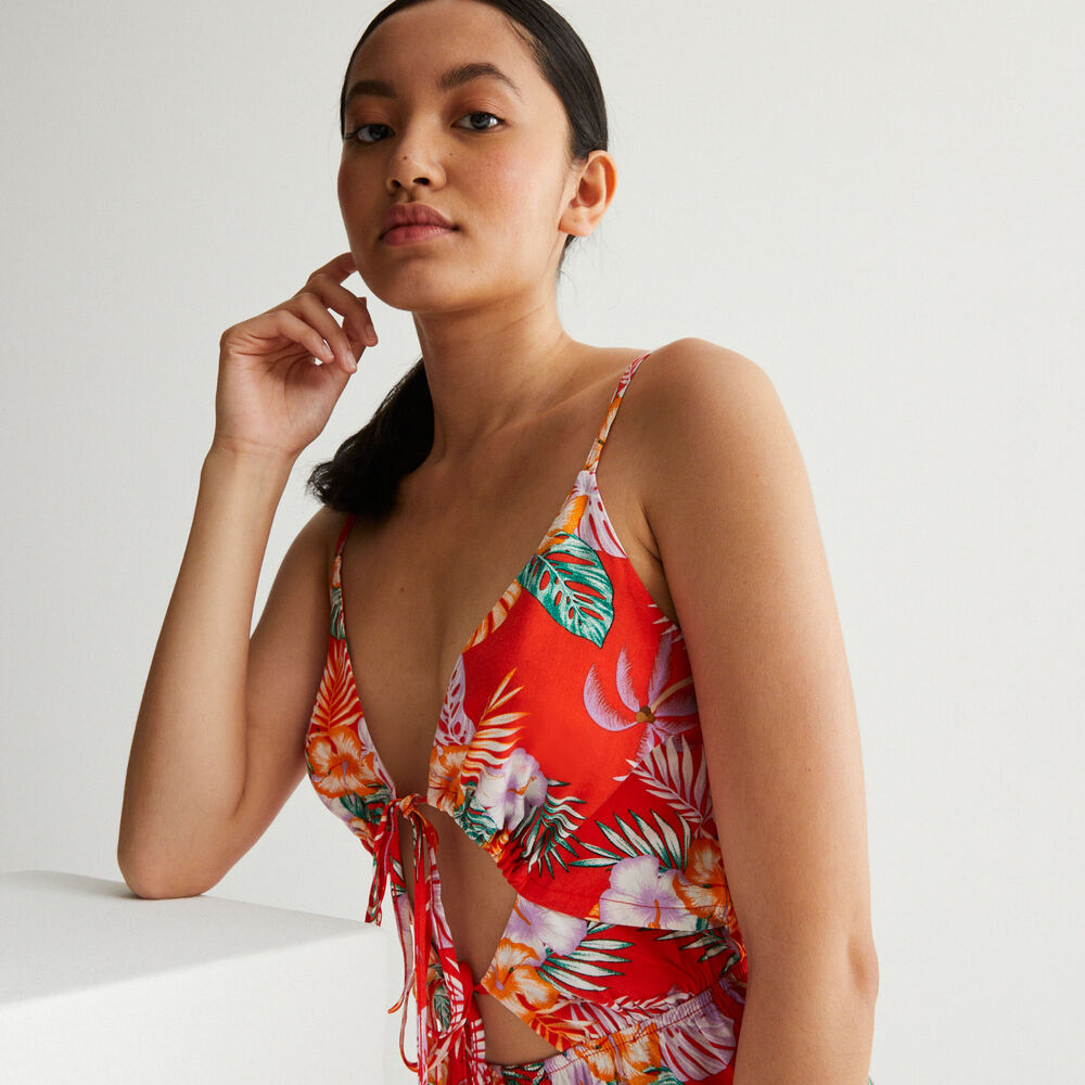 Combishort imprimé tropical ajourée à nouer - rouge rouge.