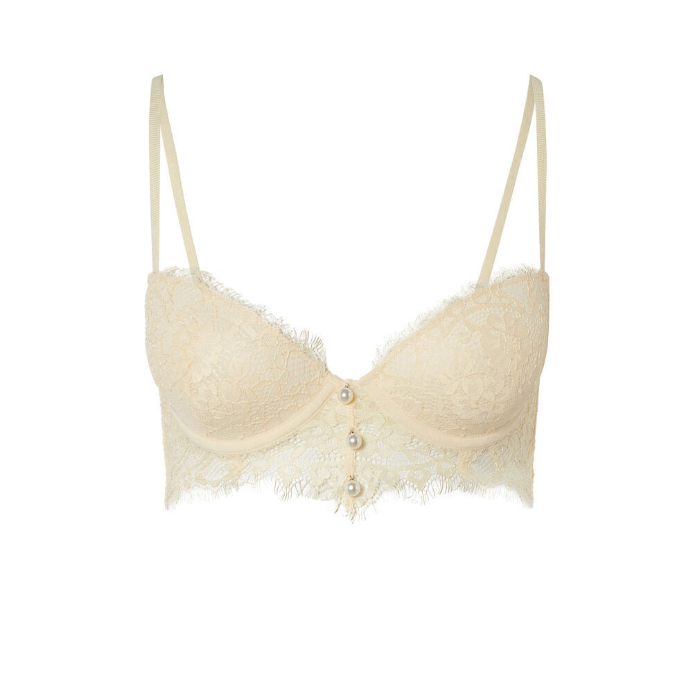 Soutien-gorge ampli à dentelle fine et perles - écru ecru.