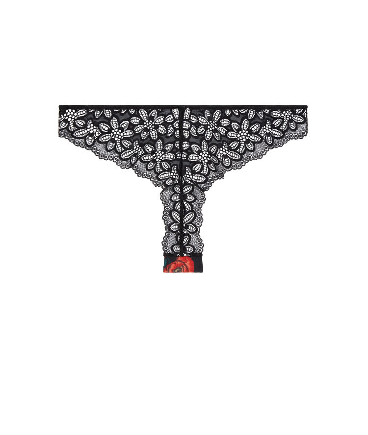 Tanga dentelle imprimé fleuri - noir noir.