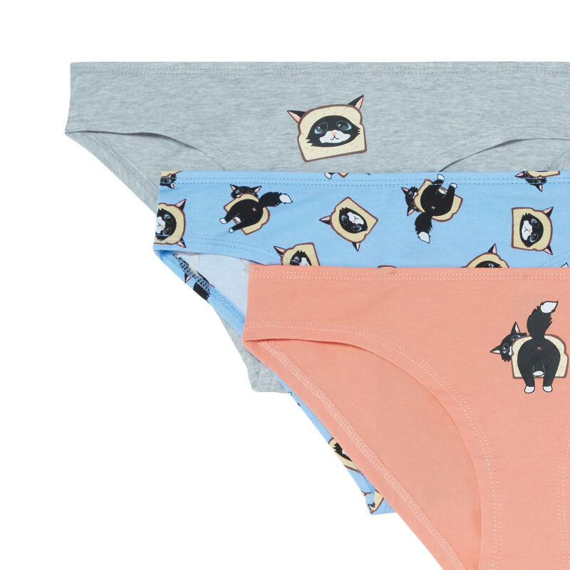 lot de 3 culottes à imprimé toast et chat - rose lot de 3 culottes à imprimé toast et chat - rose ;