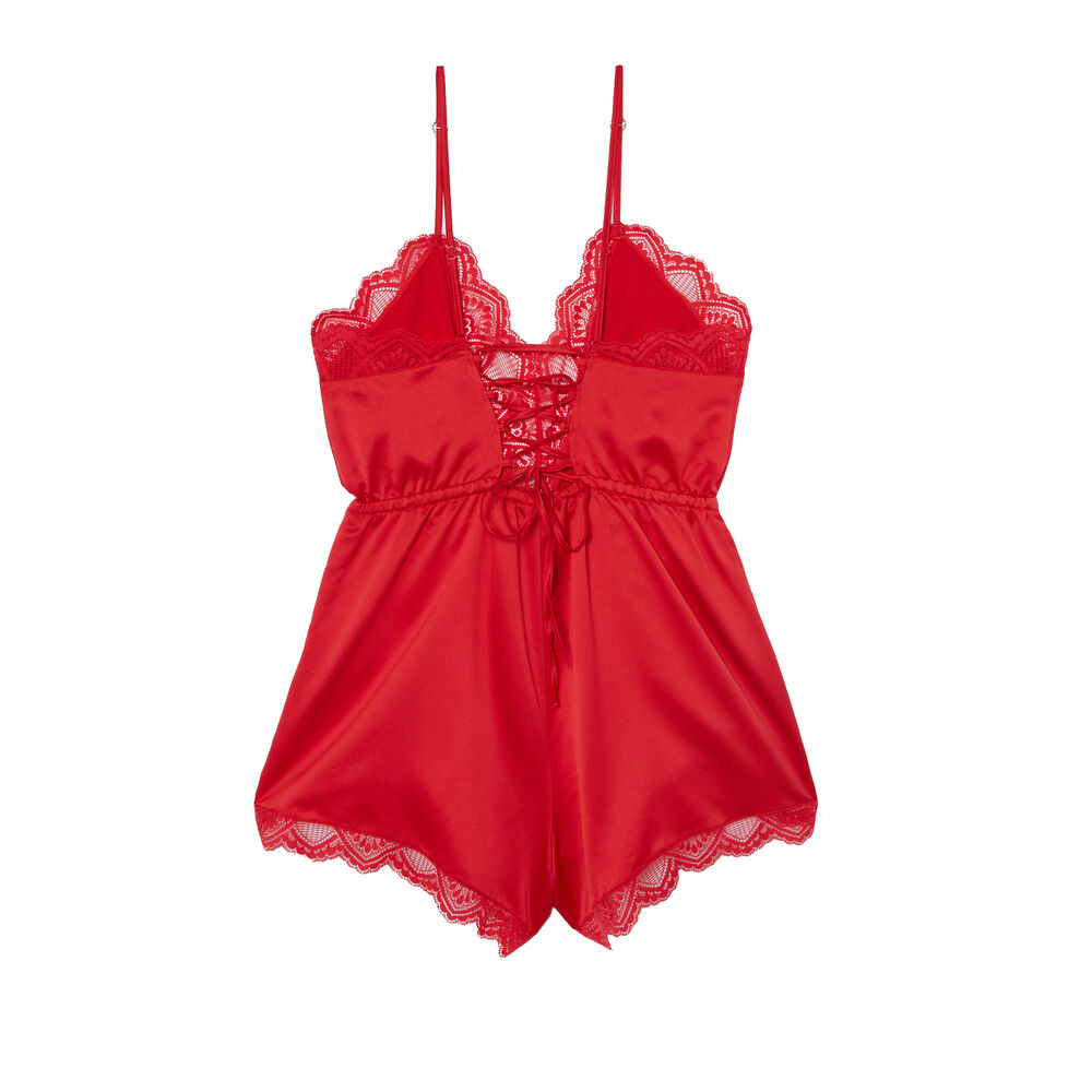 Combishort satiné à dentelle et dos lacé - rouge rouge.