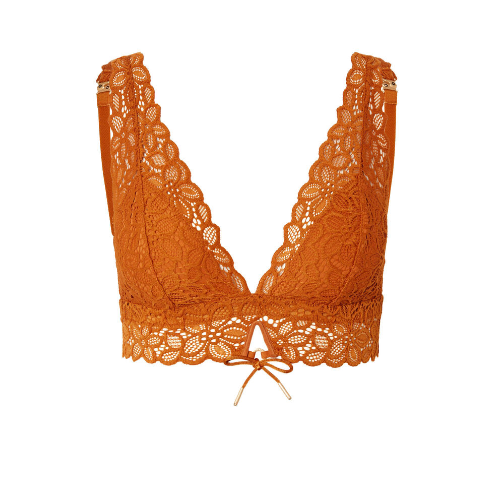 Soutien-gorge triangle en dentelle fleurie détail noeud - marron marron.