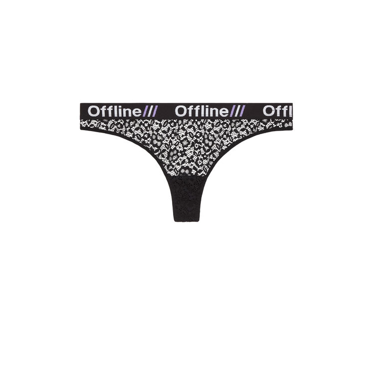 Tanga tulle floqué pelliculiz noir.