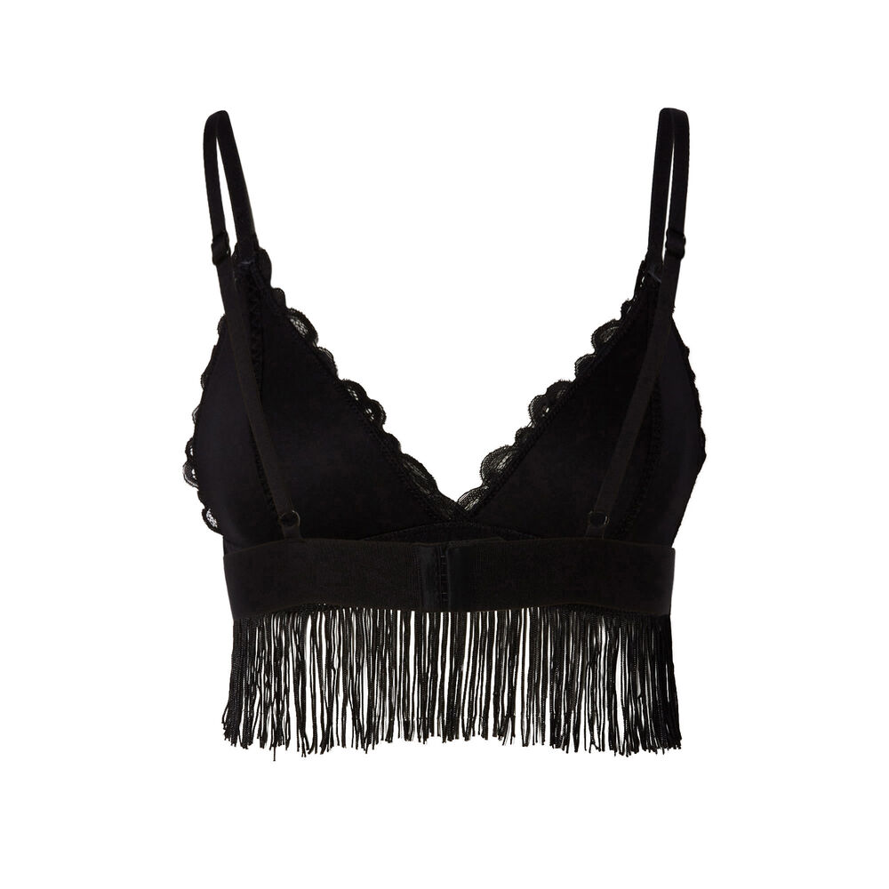 Soutien-gorge ampli triangle dentelle ajourée à franges - noir noir.