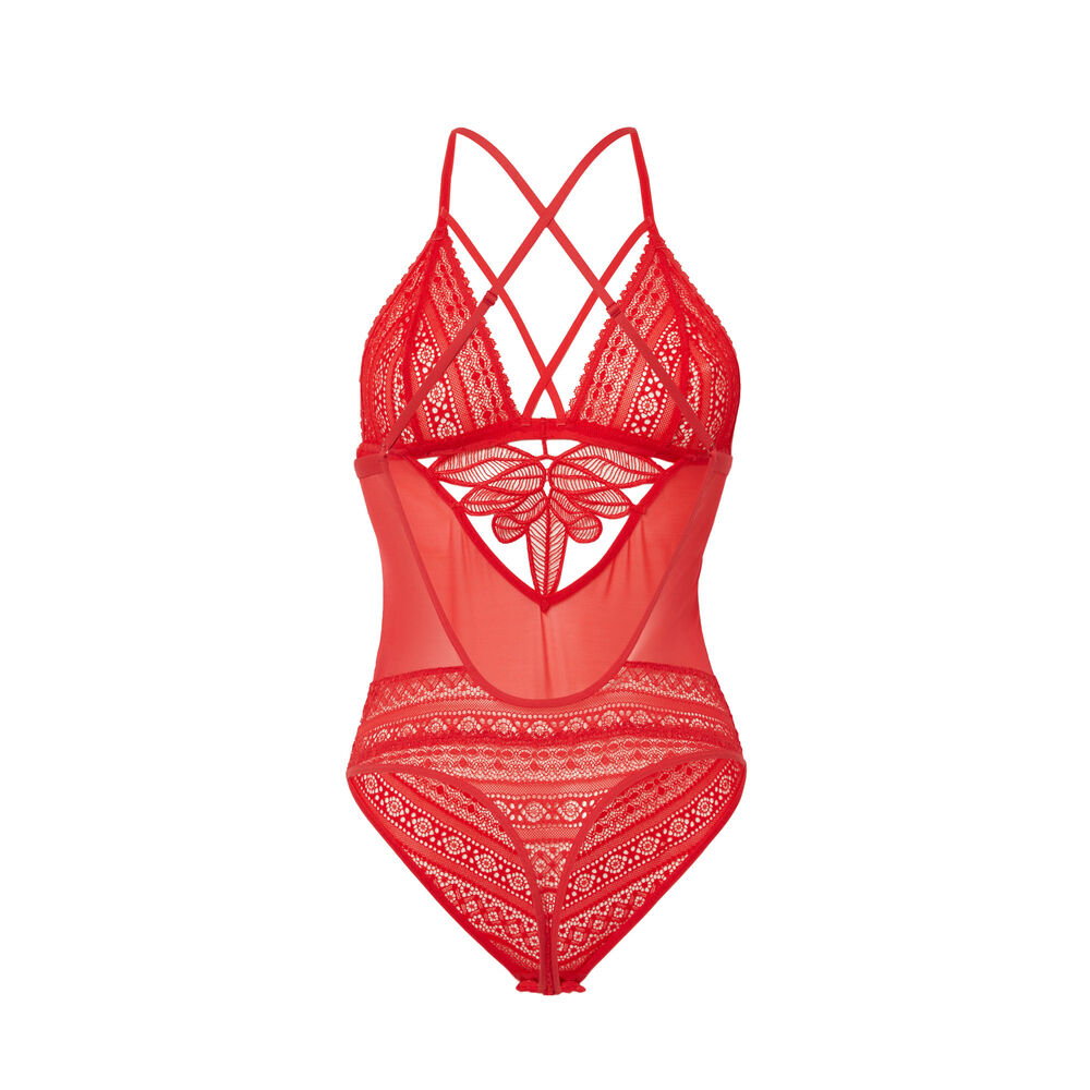 Body dentelle fleurs et résille - rouge rouge.