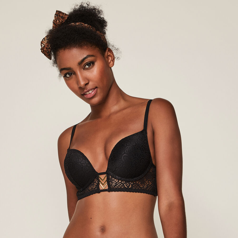 Soutien-gorge bustier push en dentelle détail bijou ethnobiz noir.