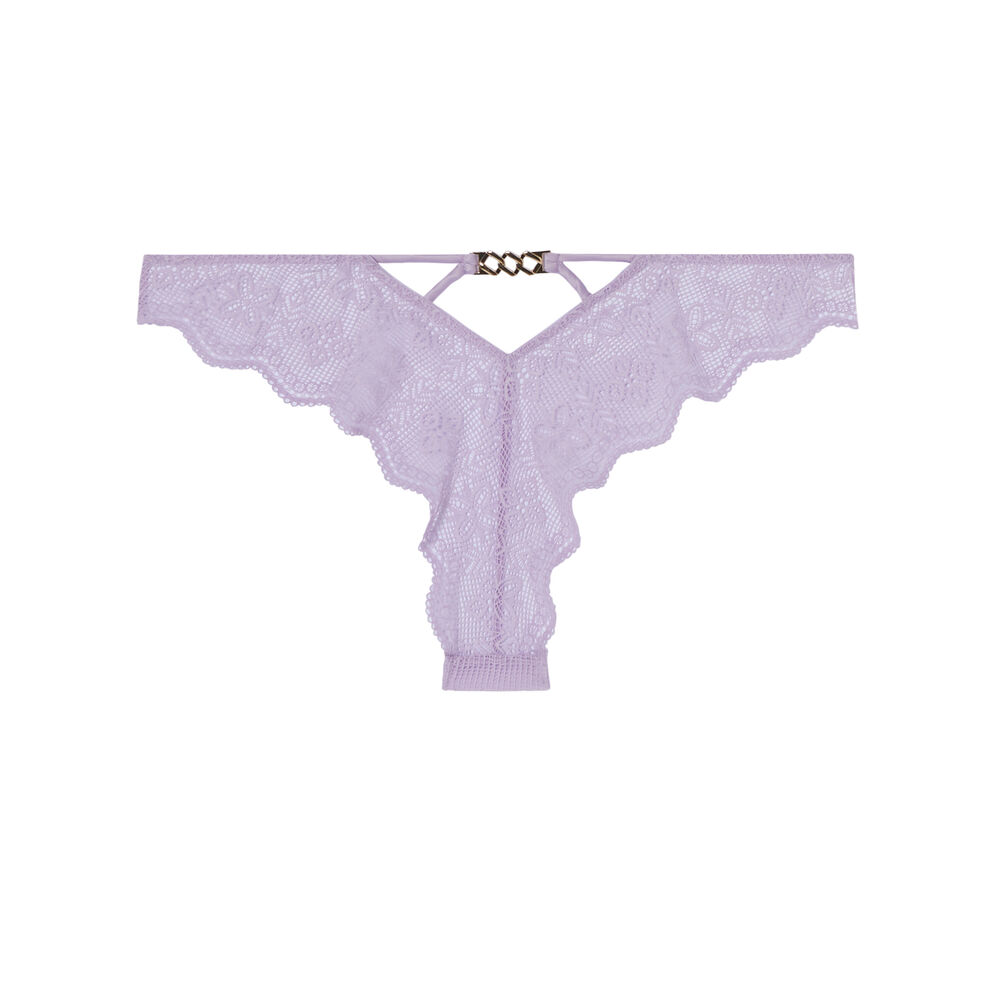 Tanga en dentelle à détail chaine dorée - lilas violet.