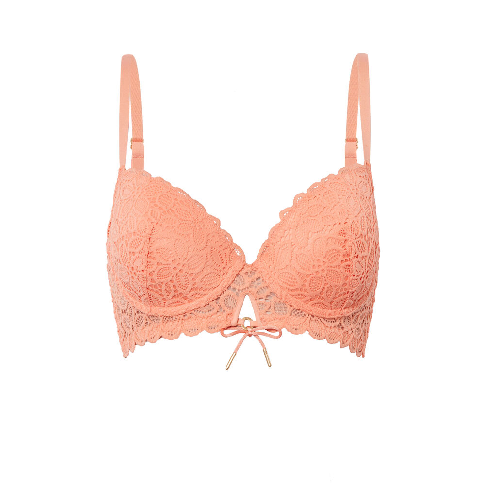 Soutien-gorge ampli en dentelle fleurs détail noeud - peach orange.