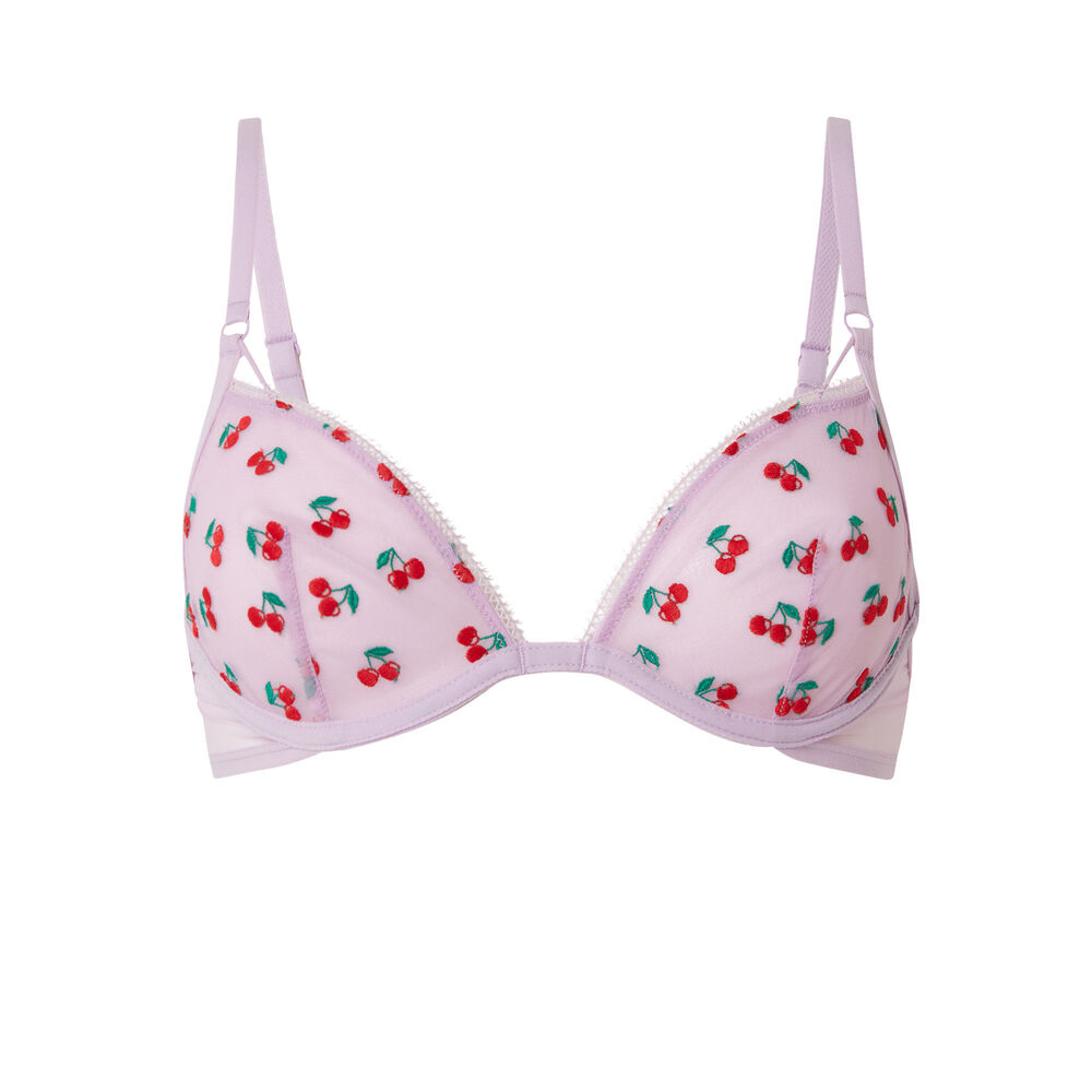Soutien-gorge corbeille en tulle imprimé cerises - lilas violet.