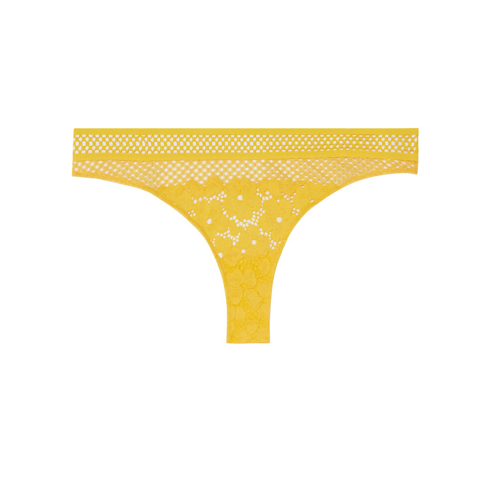 Tanga en dentelle fleurs et résille - jaune jaune.