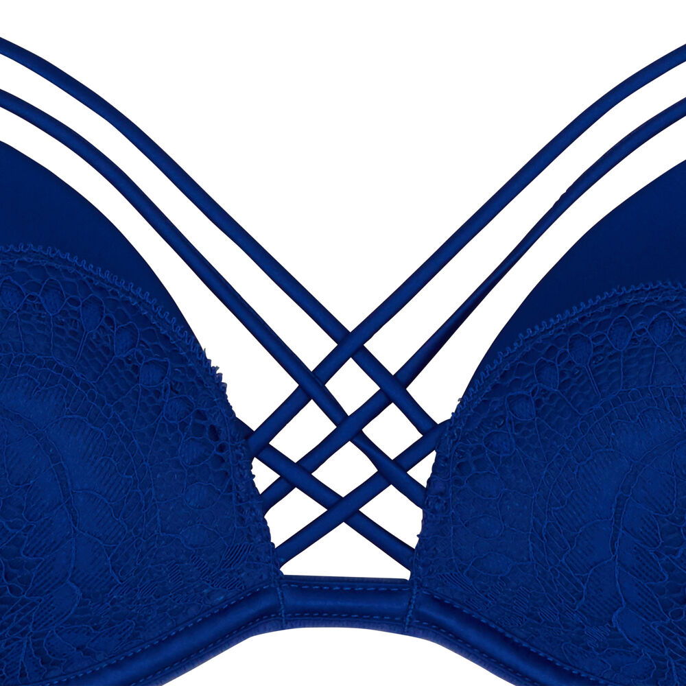 Soutien-gorge push up en dentelle et liens satinés - bleu roi bleu.