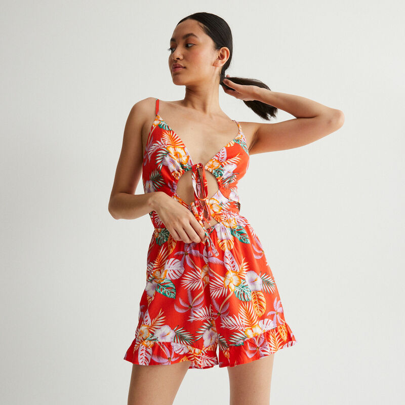 combishort imprimé tropical ajourée à nouer - rouge combishort imprimé tropical ajourée à nouer - rouge;