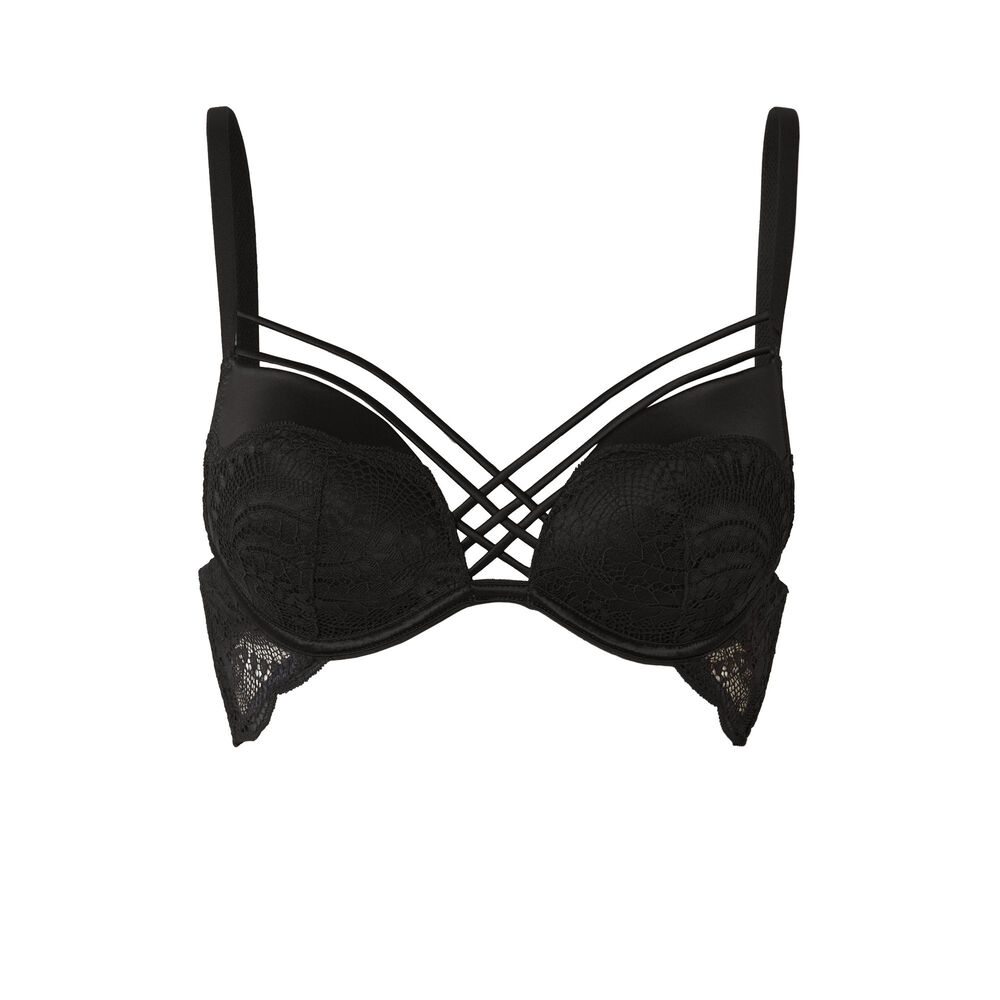 Soutien-gorge push-up en dentelle et liens satinés - noir noir.