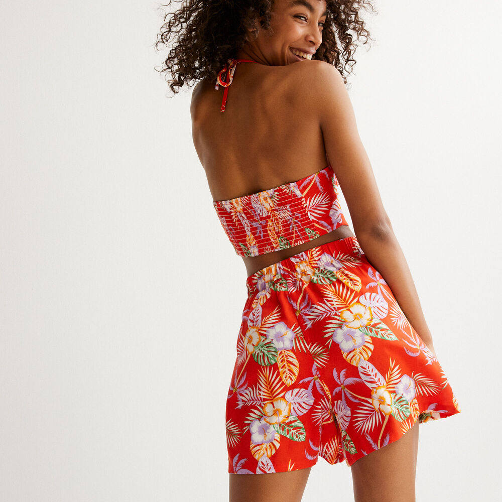 Top en satin dos nu à motifs fleurs tropicales - rouge rouge.