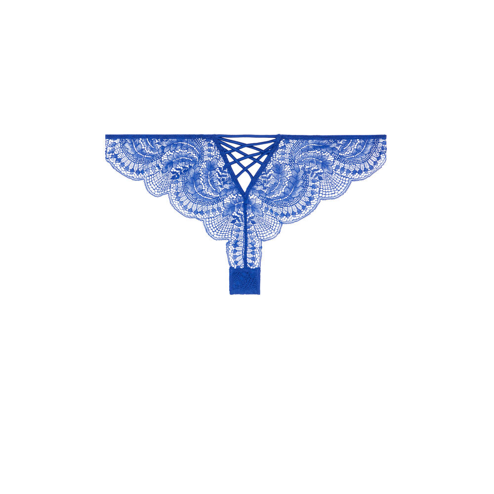 Tanga en dentelle et liens satinés - bleu roi bleu.