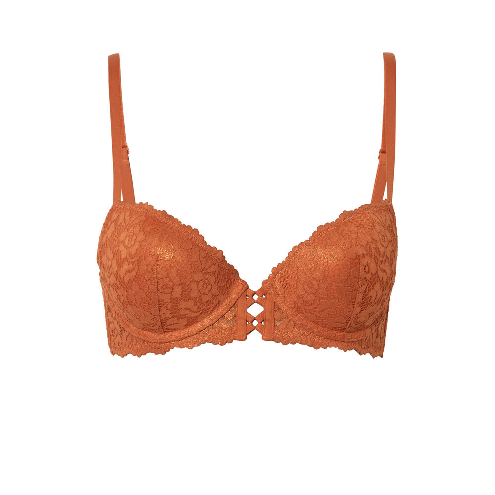 Soutien-gorge push-up en dentelle fleurie - camel irisé marron.