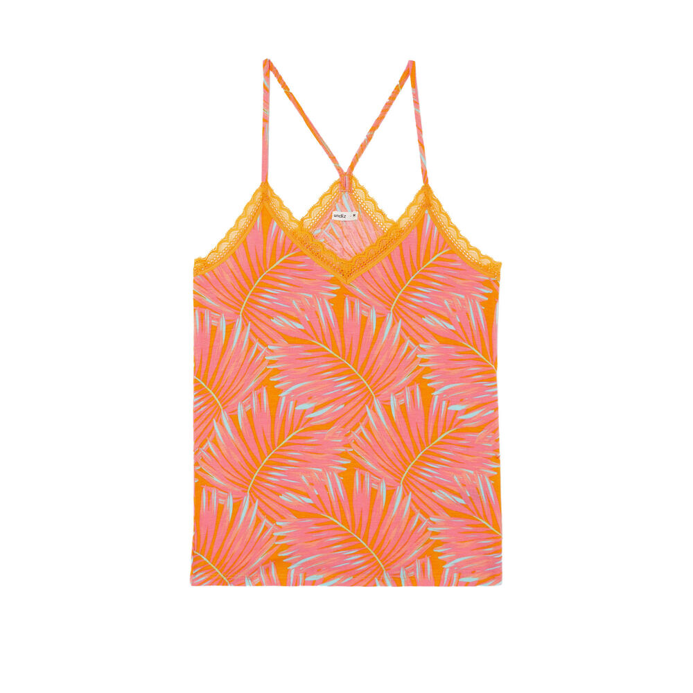 Top en jersey à fines bretelles imprimé tropical - mangue orange.