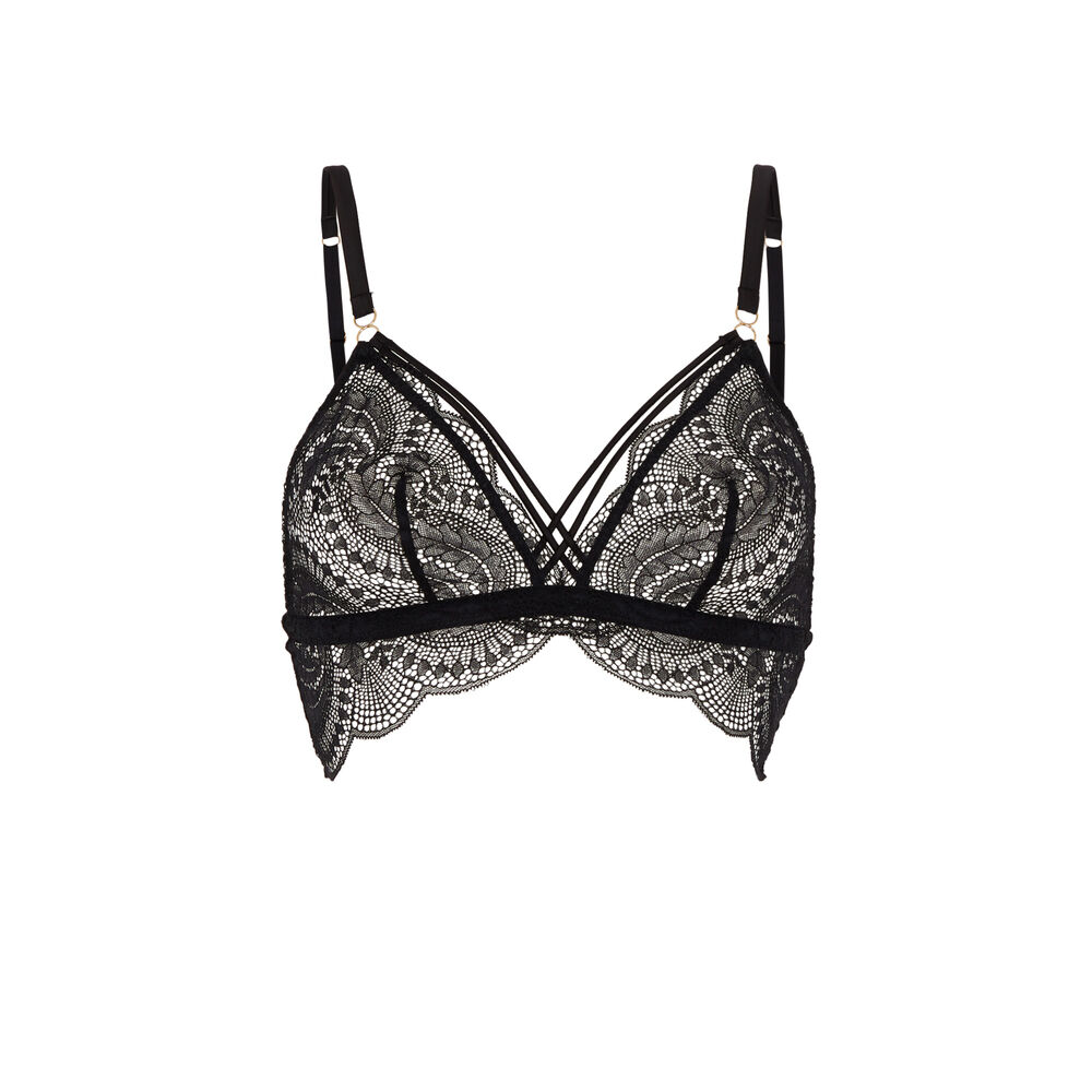 Soutien-gorge triangle en dentelle et liens satinés - noir noir.