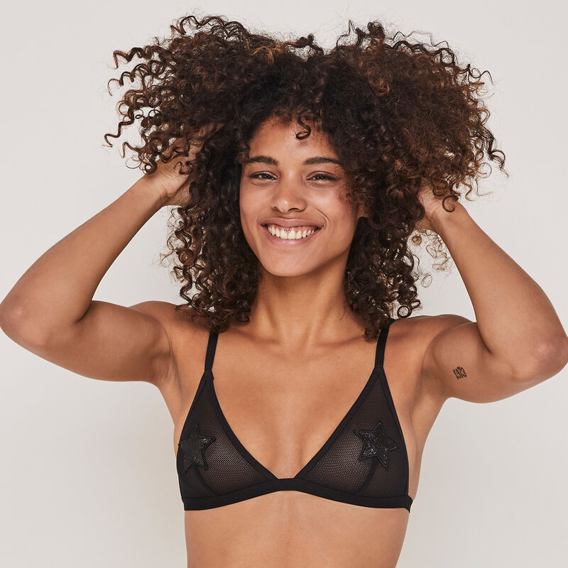 Soutien-gorge triangle sans armatures détail étoiles cabariz noir.