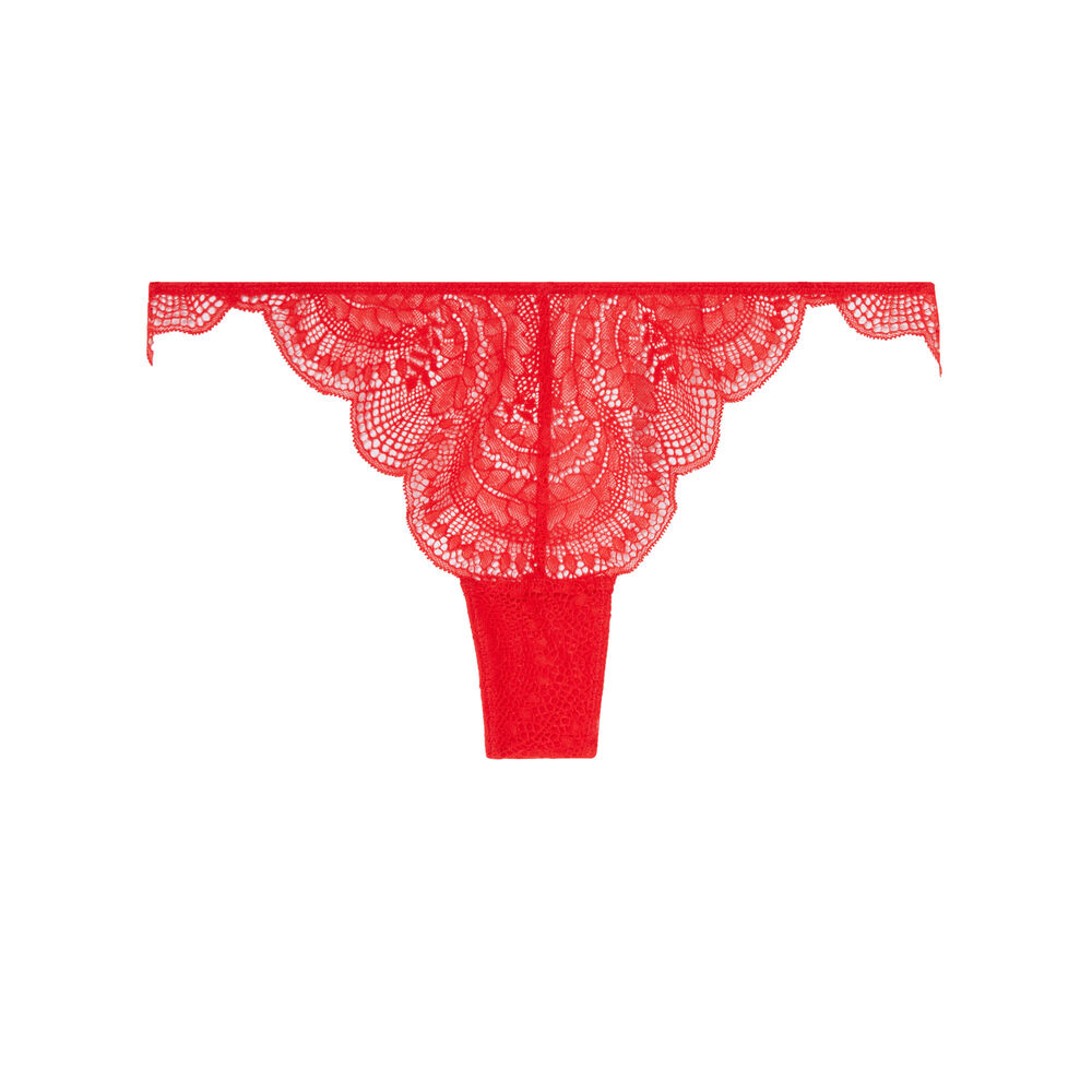 Tanga en dentelle et liens satinés - rouge rouge.