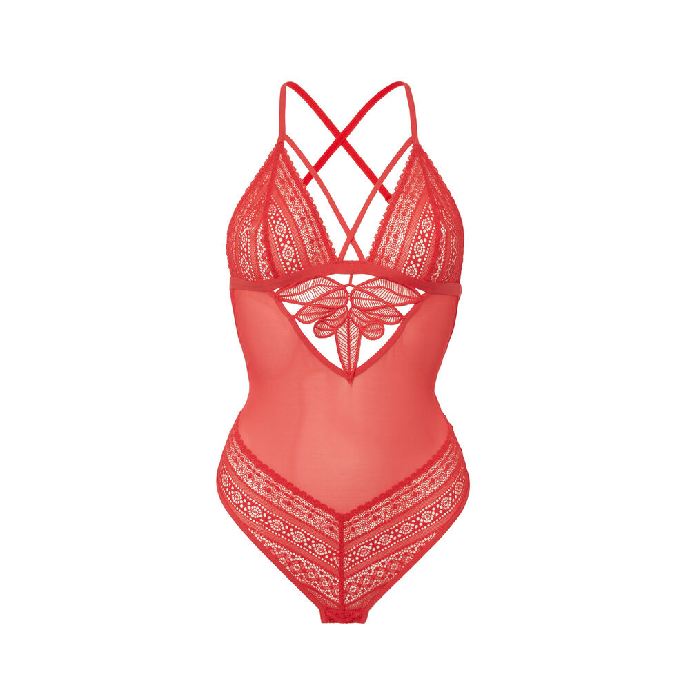 Body dentelle fleurs et résille - rouge rouge.
