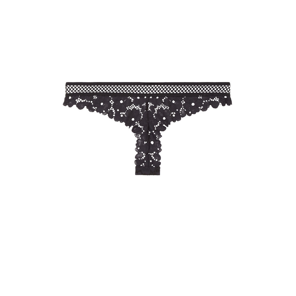Tanga en dentelle et résille - noir noir.