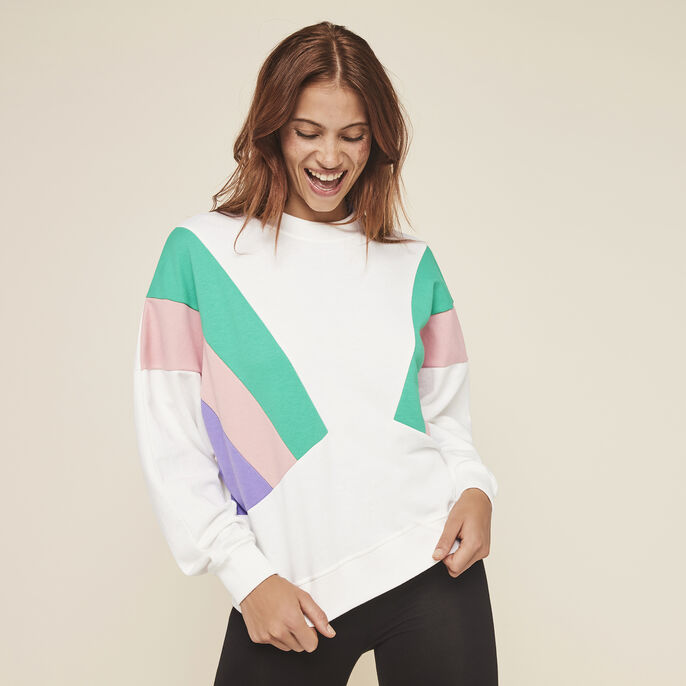 Sweat &agrave; col rond bandes couleurs triblockiz blanc.